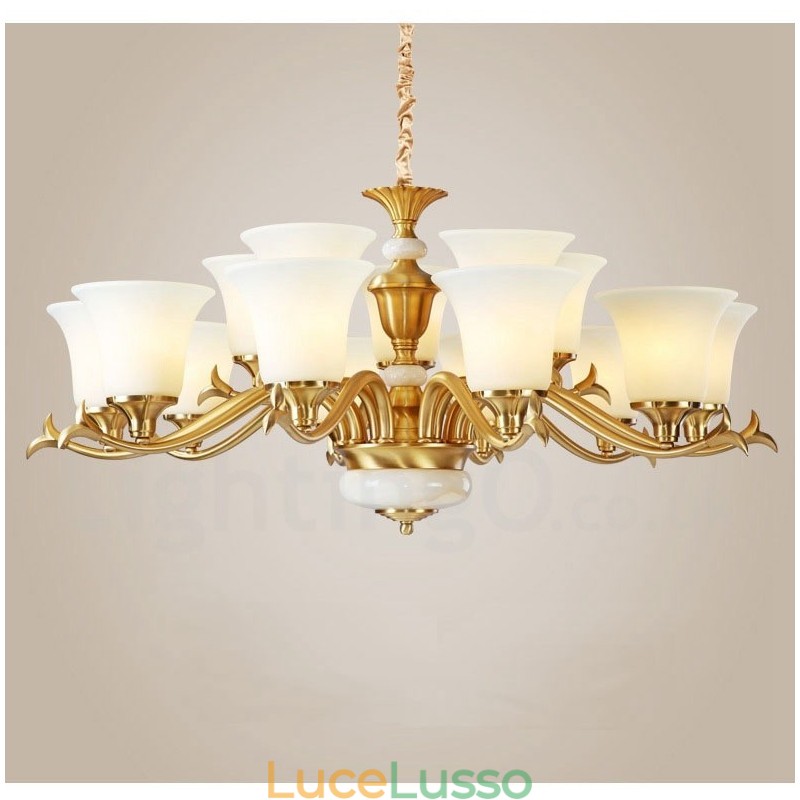 Lampadario a sospensione in ottone puro, rustico, retrò, vintage, con paralumi in vetro e pietra