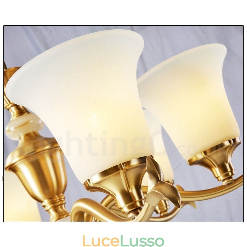 Lampadario a sospensione in ottone puro, rustico, retrò, vintage, con paralumi in vetro e pietra