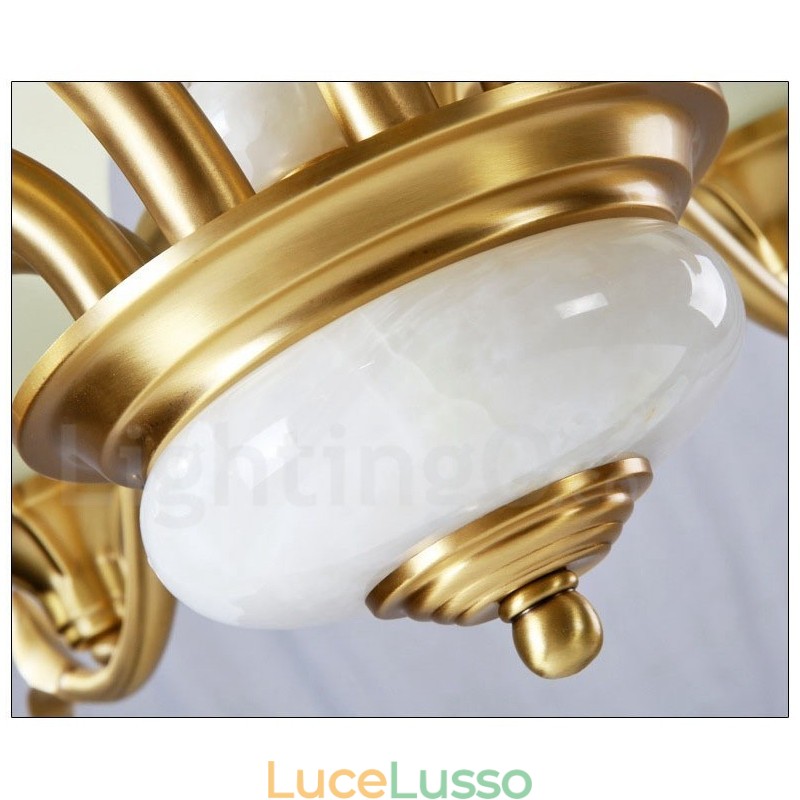 Lampadario a sospensione in ottone puro, rustico, retrò, vintage, con paralumi in vetro e pietra