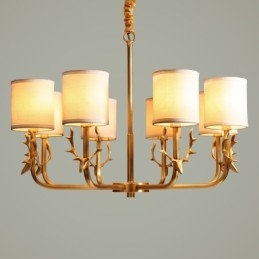 Lampadario a candela in ottone puro, rustico, retrò, vintage, con paralumi in tessuto