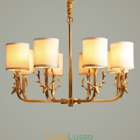 Lampadario a candela in ottone puro, rustico, retrò, vintage, con paralumi in tessuto Lampadario a candela in ottone puro, rustico, retrò, vintage, con paralumi in tessuto