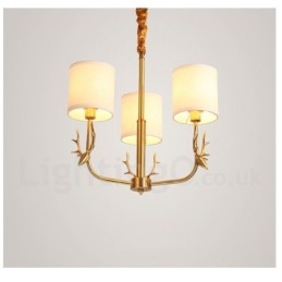 Lampadario a candela in ottone puro, rustico, retrò, vintage, con paralumi in tessuto