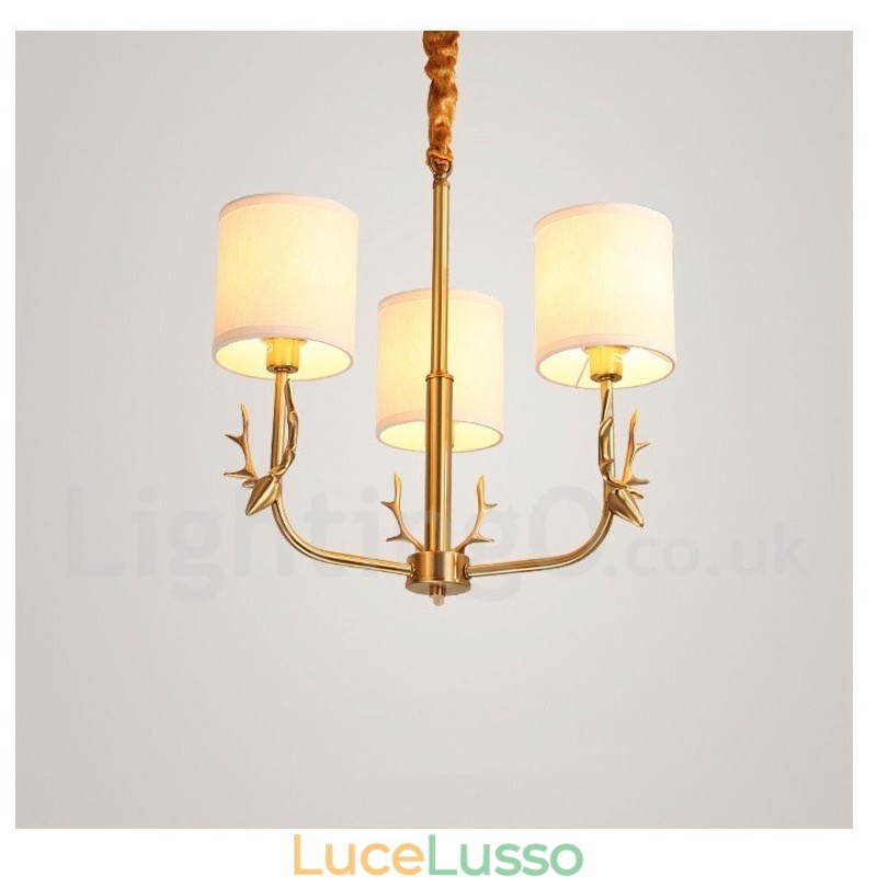 Lampadario a candela in ottone puro, rustico, retrò, vintage, con paralumi in tessuto