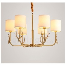Lampadario a candela in ottone puro, rustico, retrò, vintage, con paralumi in tessuto