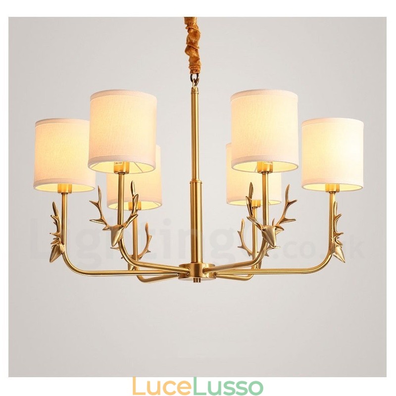 Lampadario a candela in ottone puro, rustico, retrò, vintage, con paralumi in tessuto