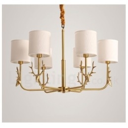 Lampadario a candela in ottone puro, rustico, retrò, vintage, con paralumi in tessuto