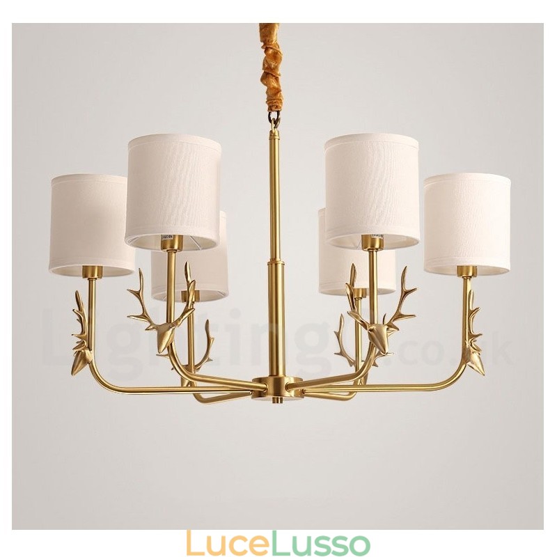 Lampadario a candela in ottone puro, rustico, retrò, vintage, con paralumi in tessuto