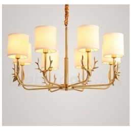 Lampadario a candela in ottone puro, rustico, retrò, vintage, con paralumi in tessuto