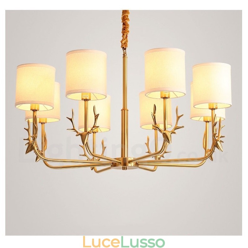Lampadario a candela in ottone puro, rustico, retrò, vintage, con paralumi in tessuto