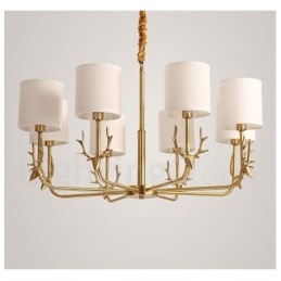 Lampadario a candela in ottone puro, rustico, retrò, vintage, con paralumi in tessuto