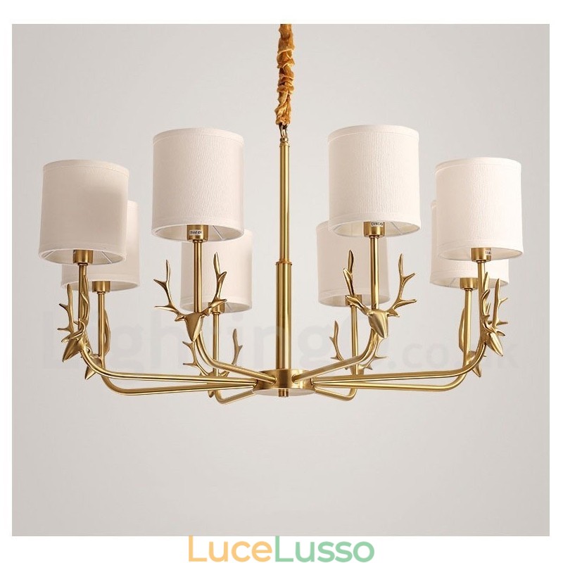 Lampadario a candela in ottone puro, rustico, retrò, vintage, con paralumi in tessuto
