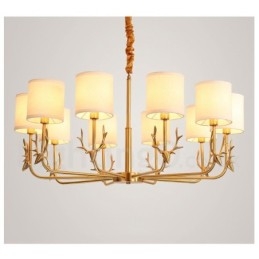 Lampadario a candela in ottone puro, rustico, retrò, vintage, con paralumi in tessuto