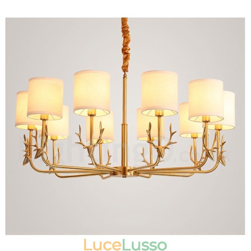 Lampadario a candela in ottone puro, rustico, retrò, vintage, con paralumi in tessuto