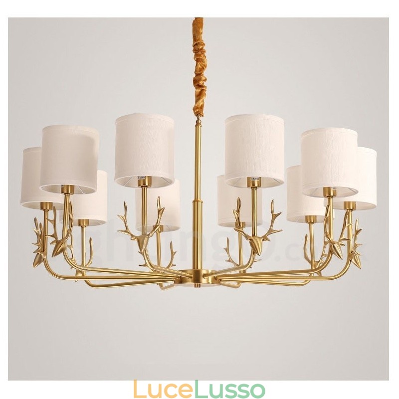 Lampadario a candela in ottone puro, rustico, retrò, vintage, con paralumi in tessuto