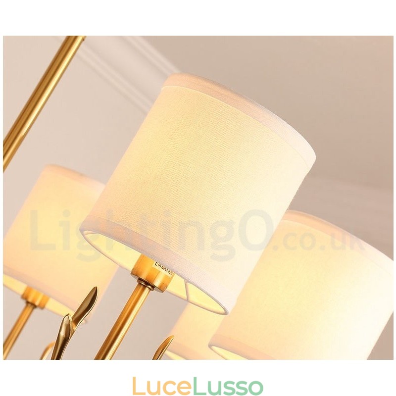 Lampadario a candela in ottone puro, rustico, retrò, vintage, con paralumi in tessuto