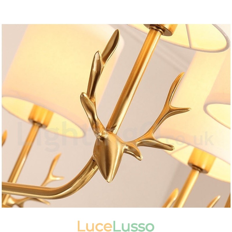 Lampadario a candela in ottone puro, rustico, retrò, vintage, con paralumi in tessuto