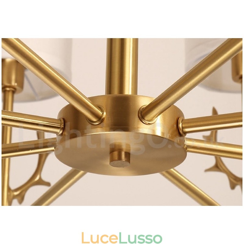 Lampadario a candela in ottone puro, rustico, retrò, vintage, con paralumi in tessuto