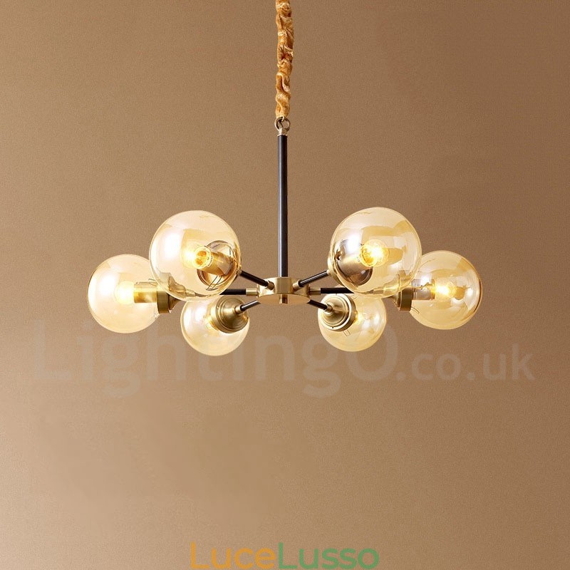 Lampadario a sospensione in ottone puro, rustico, retrò, vintage, con paralumi in vetro