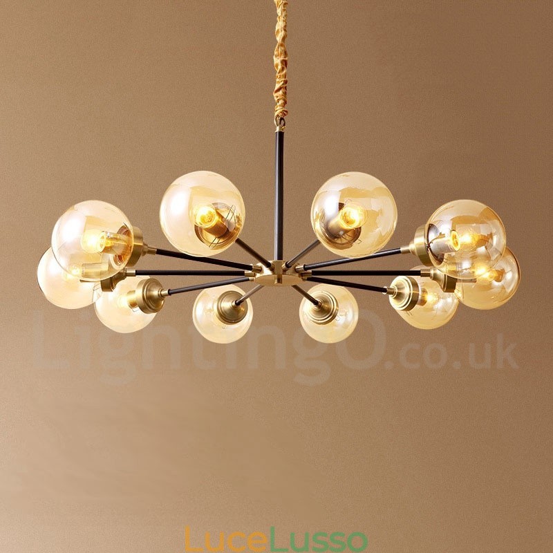 Lampadario a sospensione in ottone puro, rustico, retrò, vintage, con paralumi in vetro