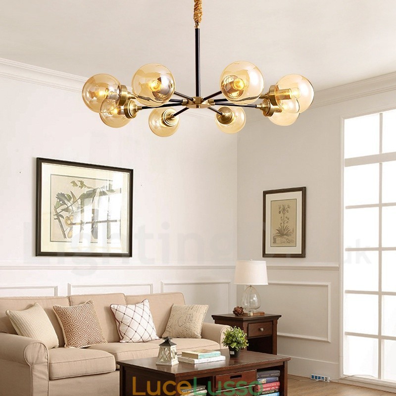 Lampadario a sospensione in ottone puro, rustico, retrò, vintage, con paralumi in vetro