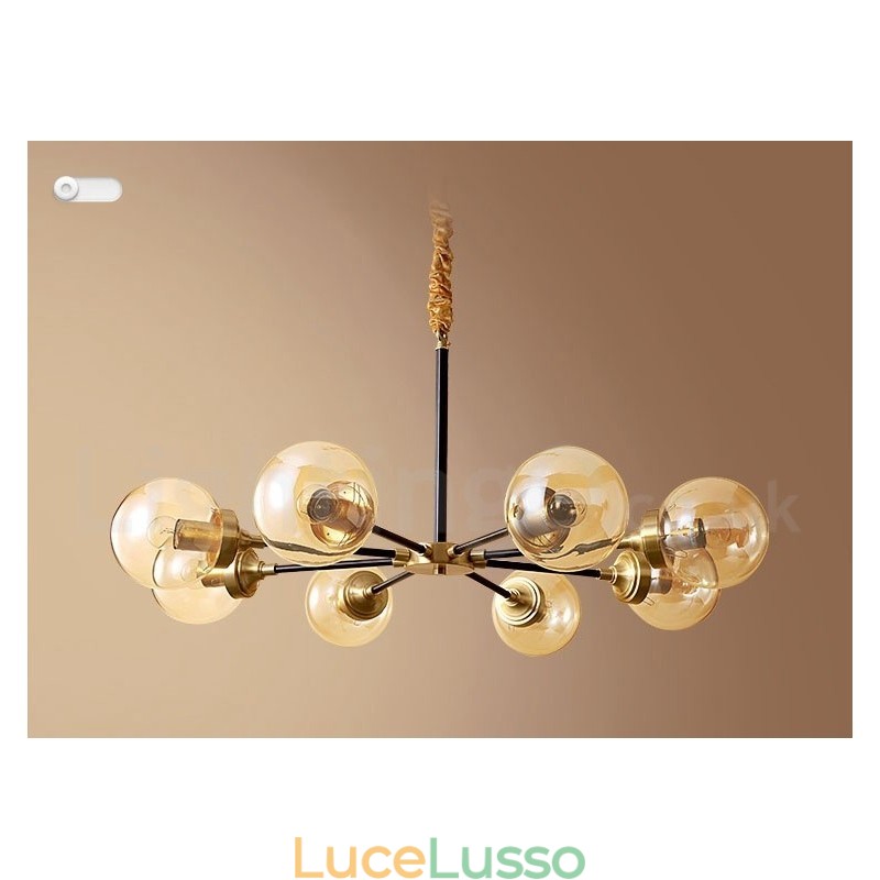 Lampadario a sospensione in ottone puro, rustico, retrò, vintage, con paralumi in vetro