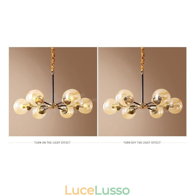 Lampadario a sospensione in ottone puro, rustico, retrò, vintage, con paralumi in vetro