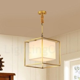 Lampada a sospensione in ottone puro, semplice, rustico, retrò, vintage, con paralume in tessuto