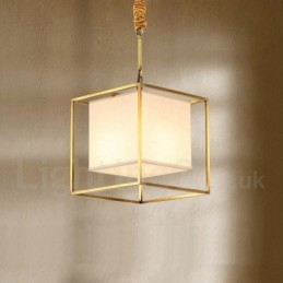 Lampada a sospensione in ottone puro, semplice, rustico, retrò, vintage, con paralume in tessuto