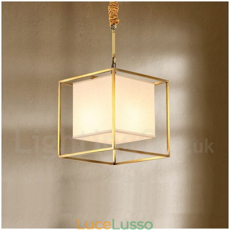 Lampada a sospensione in ottone puro, semplice, rustico, retrò, vintage, con paralume in tessuto