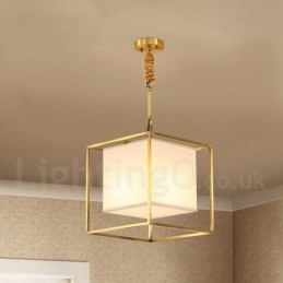 Lampada a sospensione in ottone puro, semplice, rustico, retrò, vintage, con paralume in tessuto