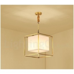 Lampada a sospensione in ottone puro, semplice, rustico, retrò, vintage, con paralume in tessuto