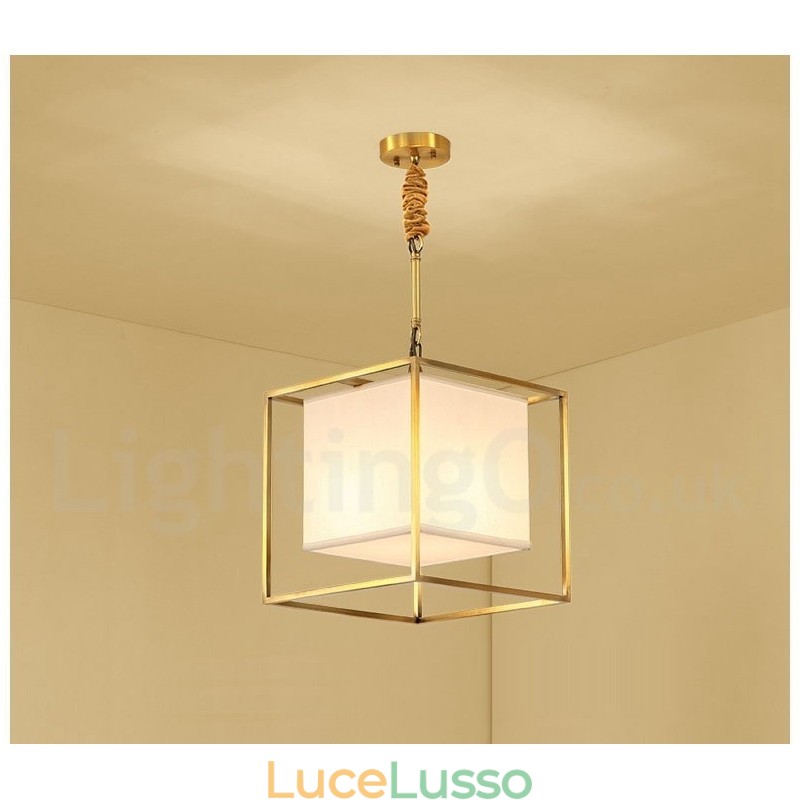 Lampada a sospensione in ottone puro, semplice, rustico, retrò, vintage, con paralume in tessuto