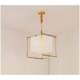 Lampada a sospensione in ottone puro, semplice, rustico, retrò, vintage, con paralume in tessuto