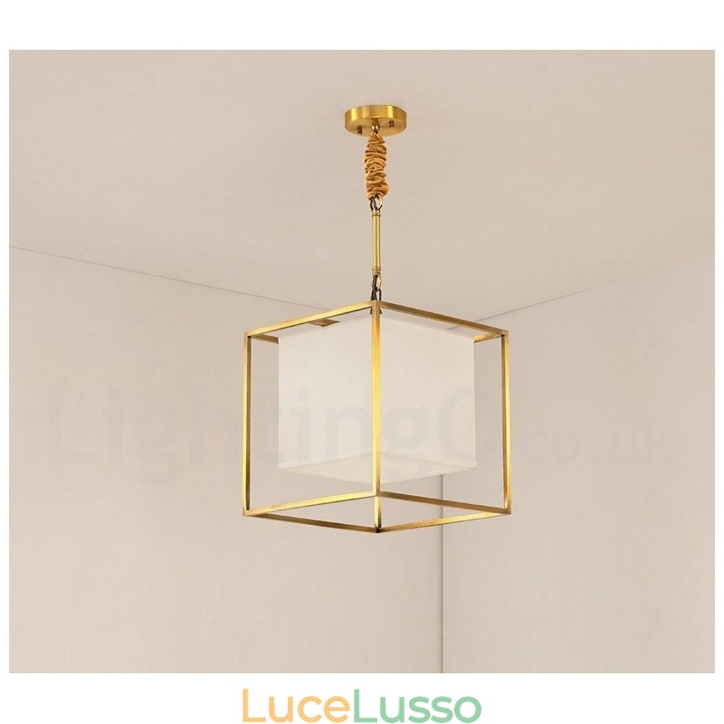 Lampada a sospensione in ottone puro, semplice, rustico, retrò, vintage, con paralume in tessuto