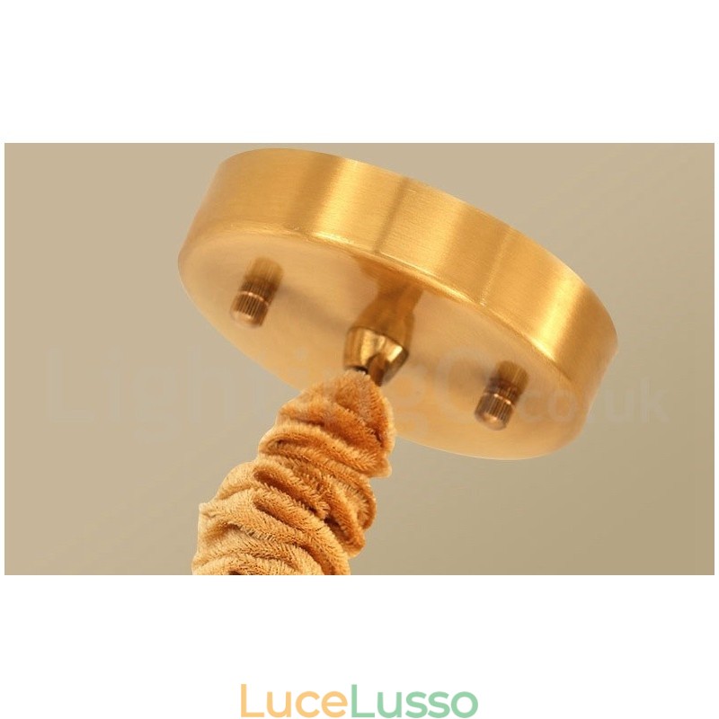 Lampada a sospensione in ottone puro, semplice, rustico, retrò, vintage, con paralume in tessuto