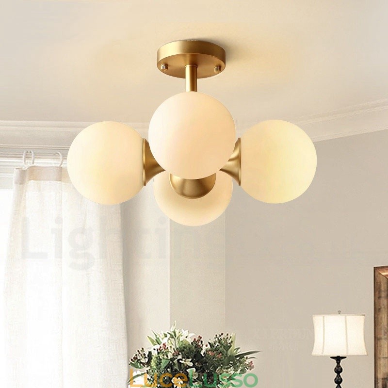Lampada da soffitto a filo in ottone puro, moderna, contemporanea, semplice, rustica, retrò, vintage, con paralumi in vetro, 4 luci