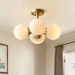 Lampada da soffitto a filo in ottone puro, moderna, contemporanea, semplice, rustica, retrò, vintage, con paralumi in vetro, 4 luci