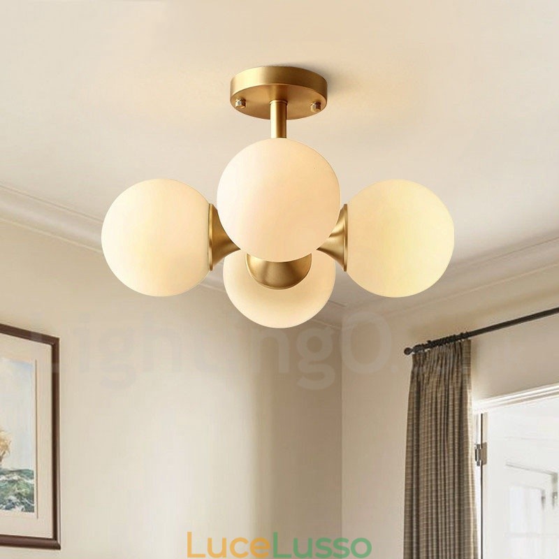 Lampada da soffitto a filo in ottone puro, moderna, contemporanea, semplice, rustica, retrò, vintage, con paralumi in vetro, 4 luci