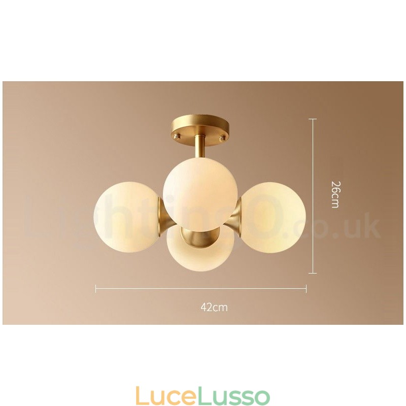 Lampada da soffitto a filo in ottone puro, moderna, contemporanea, semplice, rustica, retrò, vintage, con paralumi in vetro, 4 luci