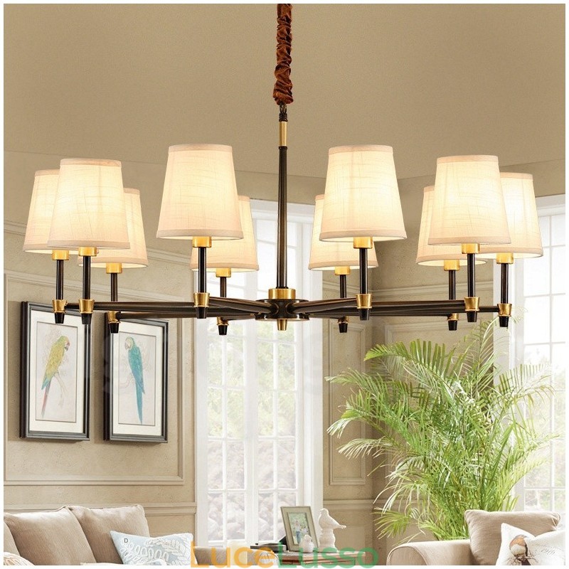 Lampadario a sospensione in ottone puro, grande, rustico, retrò, vintage, lussuoso, con paralumi in tessuto