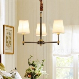 Lampadario a sospensione in ottone puro, grande, rustico, retrò, vintage, lussuoso, con paralumi in tessuto