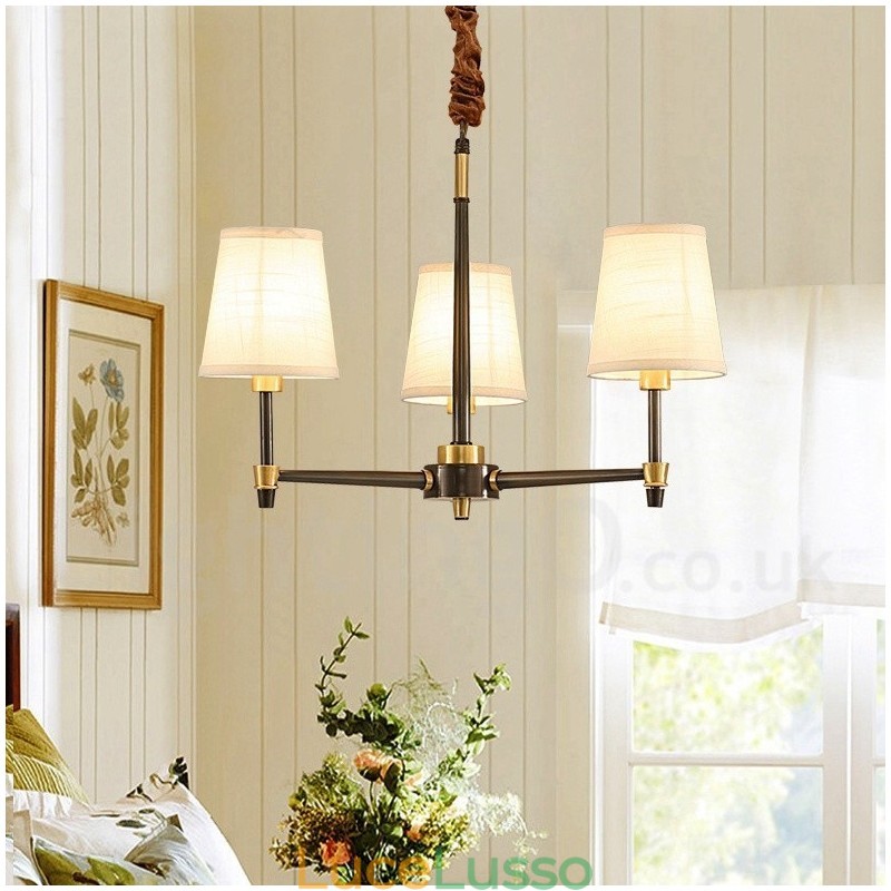 Lampadario a sospensione in ottone puro, grande, rustico, retrò, vintage, lussuoso, con paralumi in tessuto