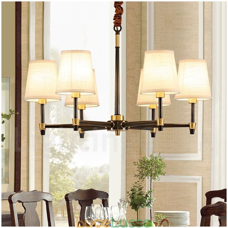 Lampadario a sospensione in ottone puro, grande, rustico, retrò, vintage, lussuoso, con paralumi in tessuto