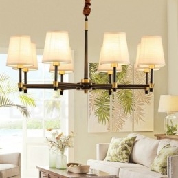 Lampadario a sospensione in ottone puro, grande, rustico, retrò, vintage, lussuoso, con paralumi in tessuto