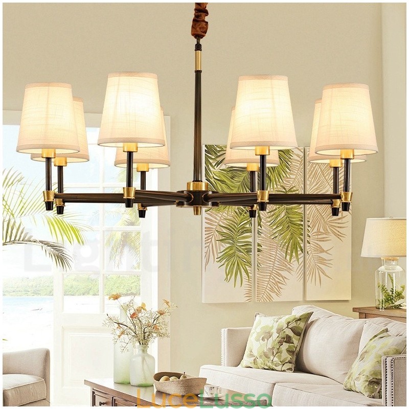 Lampadario a sospensione in ottone puro, grande, rustico, retrò, vintage, lussuoso, con paralumi in tessuto