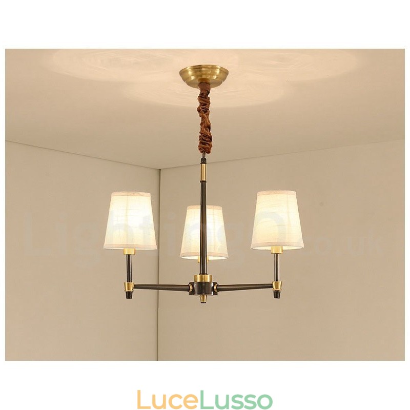 Lampadario a sospensione in ottone puro, grande, rustico, retrò, vintage, lussuoso, con paralumi in tessuto