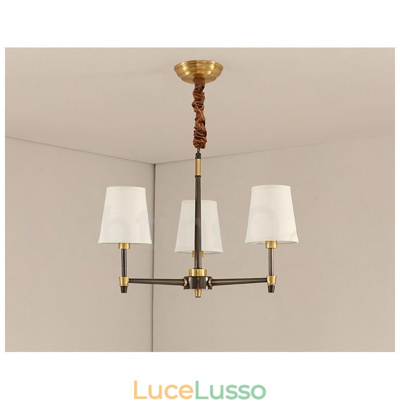 Lampadario a sospensione in ottone puro, grande, rustico, retrò, vintage, lussuoso, con paralumi in tessuto
