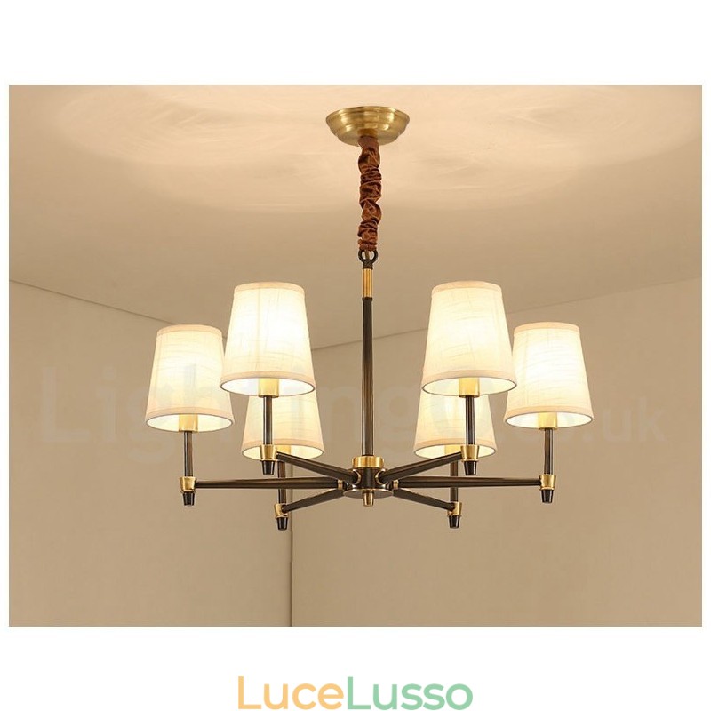 Lampadario a sospensione in ottone puro, grande, rustico, retrò, vintage, lussuoso, con paralumi in tessuto