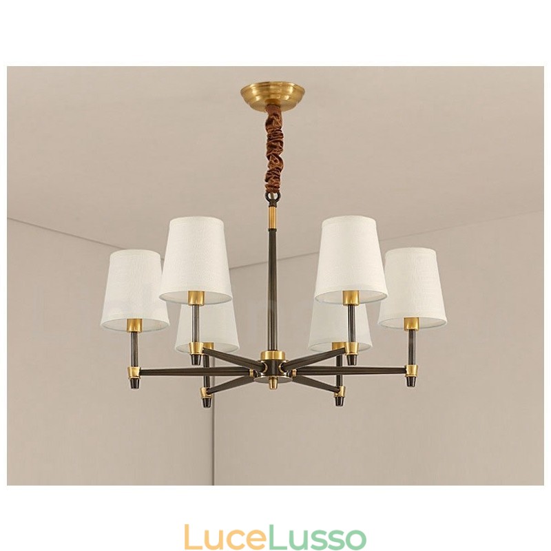 Lampadario a sospensione in ottone puro, grande, rustico, retrò, vintage, lussuoso, con paralumi in tessuto