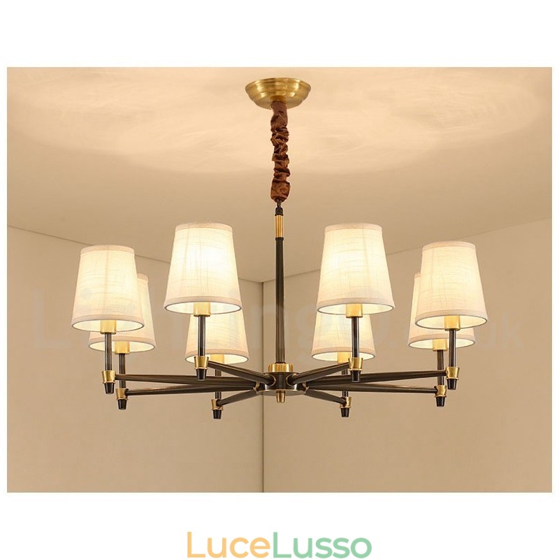 Lampadario a sospensione in ottone puro, grande, rustico, retrò, vintage, lussuoso, con paralumi in tessuto